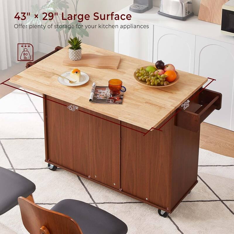 54" Rolling Kitchen Island Cart with Storage, Wood Island Table for Kitchen with 3 Drawers and Spice Rack