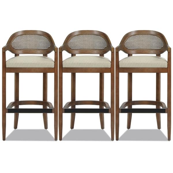 slide 2 of 6, Americana Modern Cane Back Bar Stool - Counter or Bar Height - 26 or 30 Inch - Solid Oak Wood Frame - No Assembly Required Set of 3 - Taupe Beige Textured Weave - Bar Height