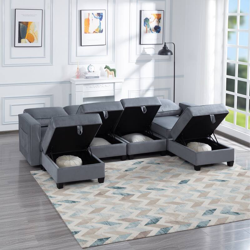 Dark Gray 116" Modular Sectional Sofa with Ottoman & Hidden Storage