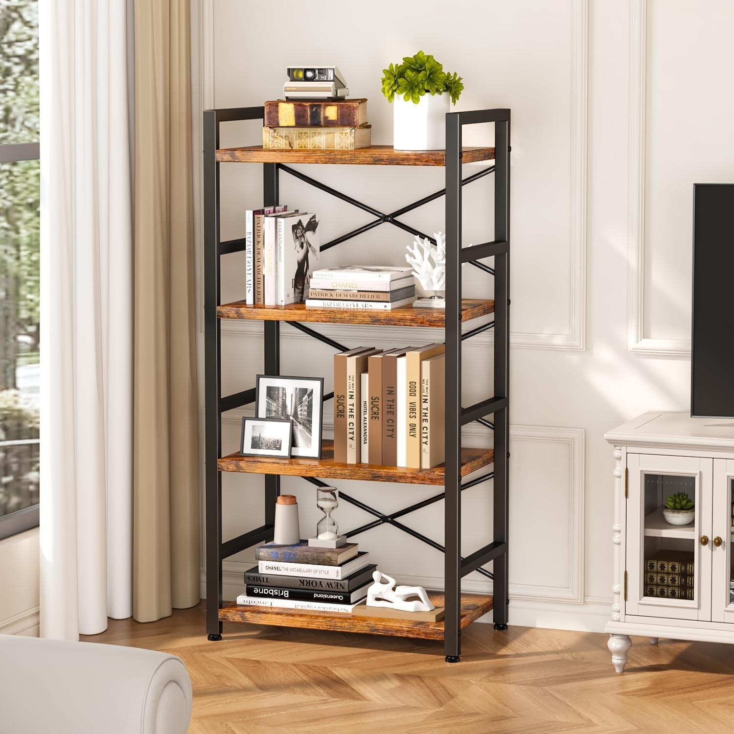 4 Tier Industrial Bookcase Metal Small Bookcase Rustic Book