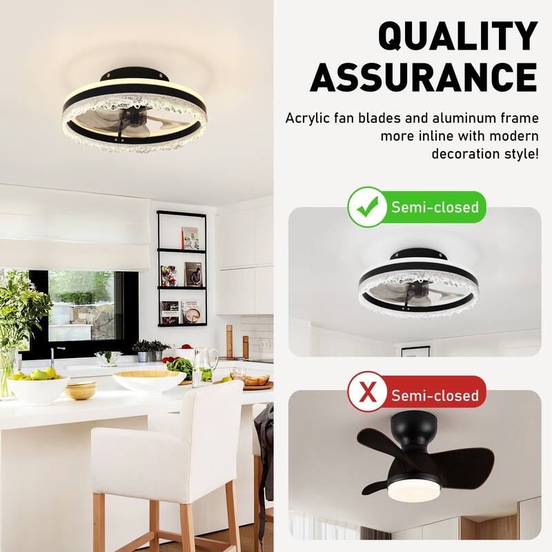 Smart Silent LED Ceiling Fan with Light Crystal Flush Mount, Hidden Blades