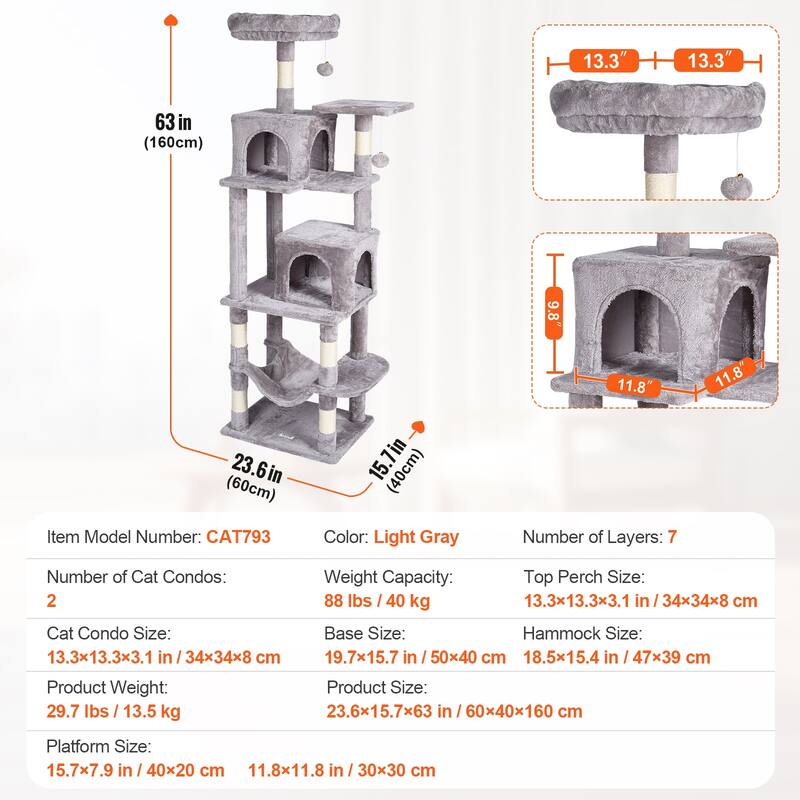 Cat Tree for Indoor Cats, 63" Cat Tower with 2 Cat Condos, Sisal Scratching Post, Hammock, Top Perch, Jumping Platforms,