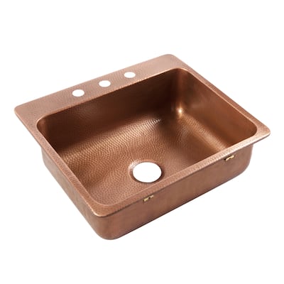 Angelico Copper 25" Single Bowl Drop-In Kitchen Sink with 3 Holes