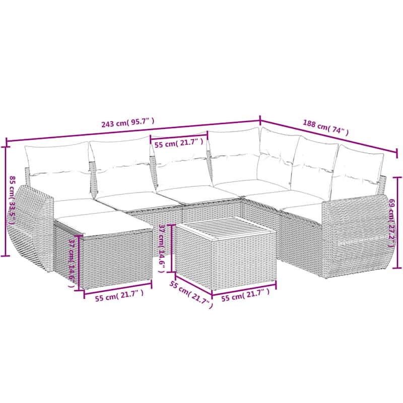 vidaXL Patio Sofa Set with Cushions Outdoor Furniture 8 Piece Poly Rattan - 24.4x 24.4x 27.2