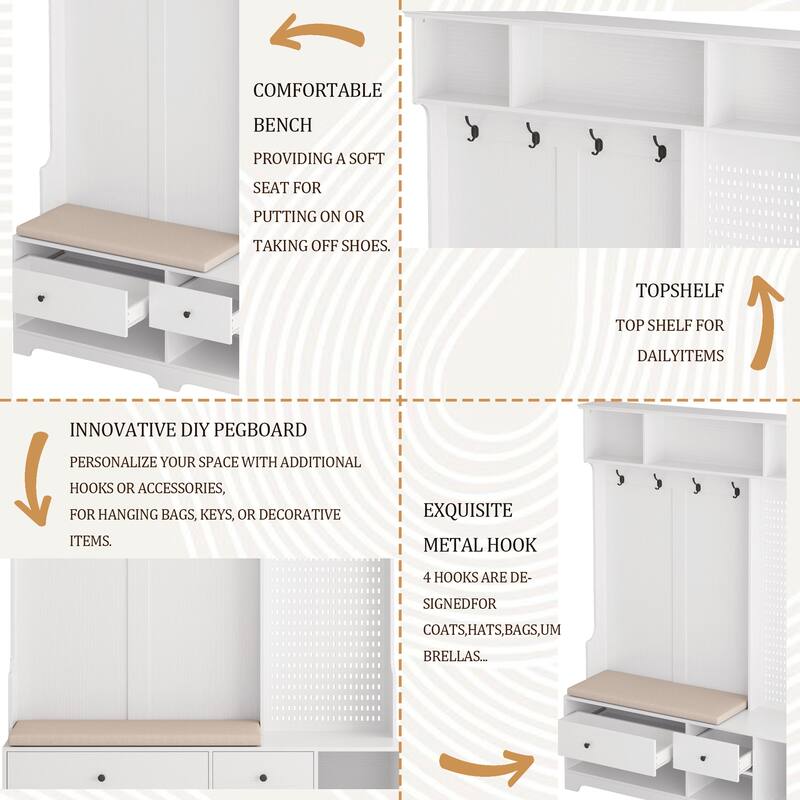 Hall Tree with Shoe Bench, Coat Rack, Shelves and Pegboard