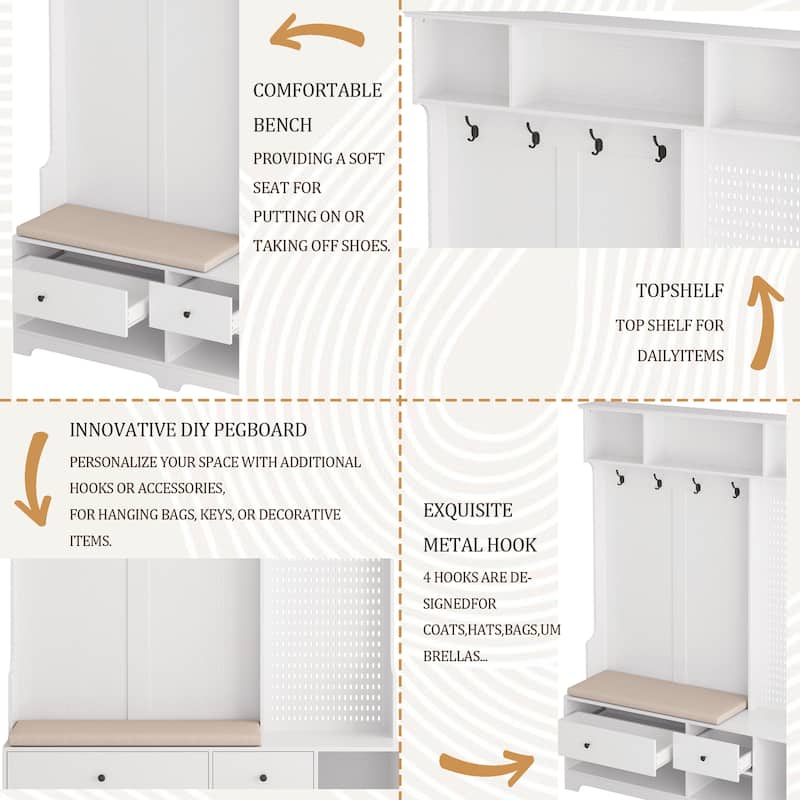 Modern Hall Tree with Removable Linen Cushion Bench, Coat Rack, Shelves & DIY Pegboard, 57.48 x 14.96 x 77.17 in
