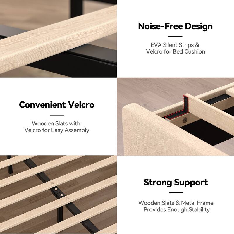 Full Bed Frame with Headboard, Charging Station, LED Lights, Wooden Slats, Noise-Free, Easy Assembly