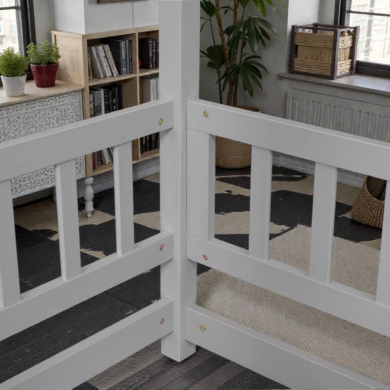 Full Size House Floor Bed with Wooden Roof Frame and Fence Guardrails, Solid Wood Kids Floor Bed