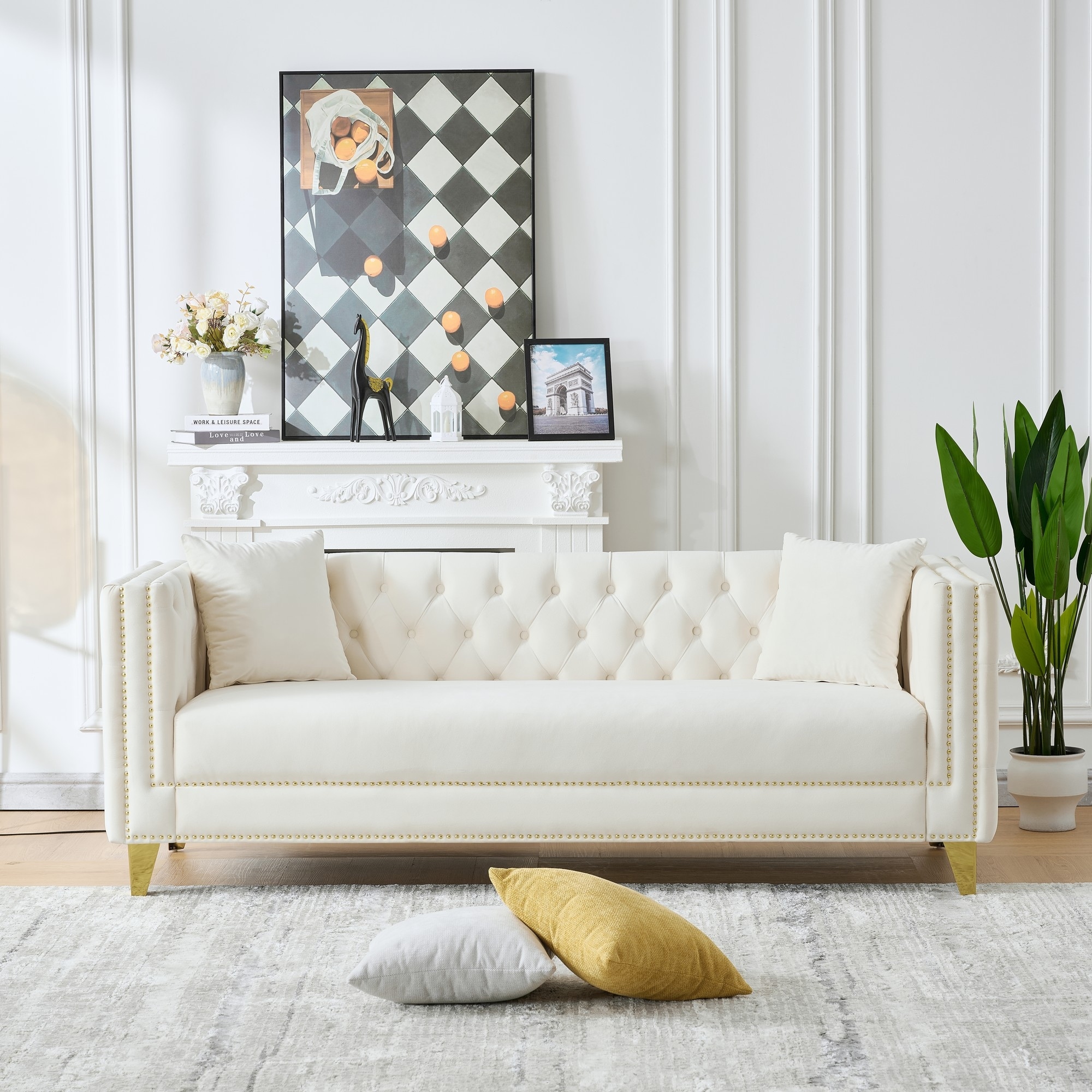 Roomfitters 80" Modern Tuxedo Sofa with Button Back and Gold Legs, Upholstered Couch with Double Nailhead Trim