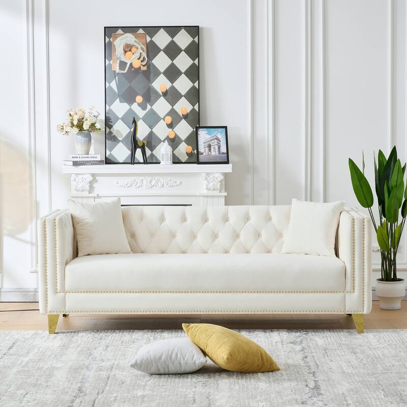 Roomfitters 80" and 58" Modern Tuxedo Sofa and Loveseat Set, Buttoned Back Couch with Gold Legs and Nailhead Trim
