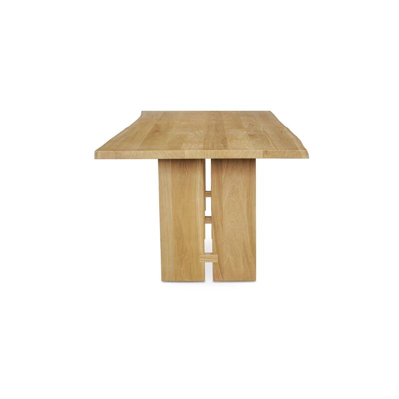 Solenne Dining Table, Rectangular, Solid Oak Top, Iron Base, Natural Finish, Live-Edge Three-Leg Design, Natural