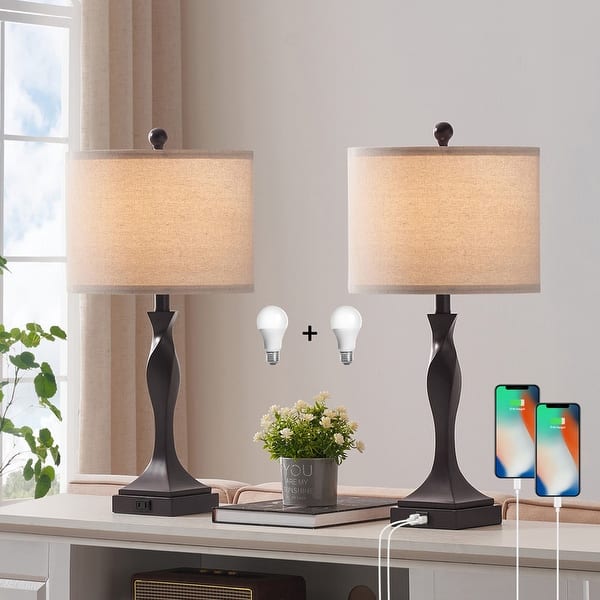 KAWOTI 25.62 inch Table Lamp Set with USB Ports, Bulbs(Set of 2) - Bronze