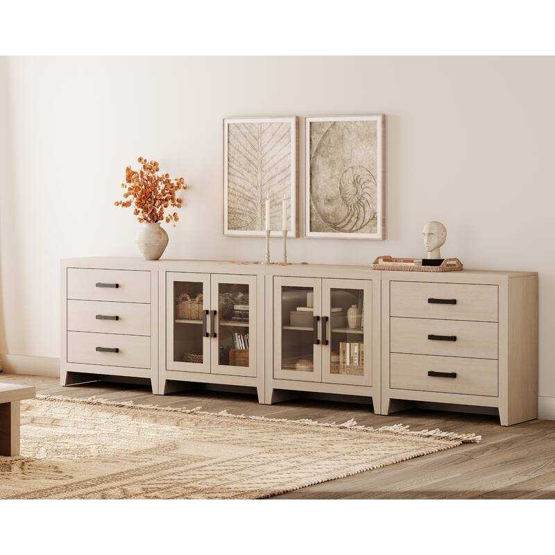 WAMPAT Extra Wide 126" Farmhouse TV Stand, Wood Media Console with 6 Drawers & 2 Glass Cabinets