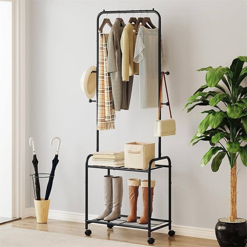 Garment Rack with 2 Tier Storage Shelf - 23.6"D x 13.7"W x 70.8"H - Black