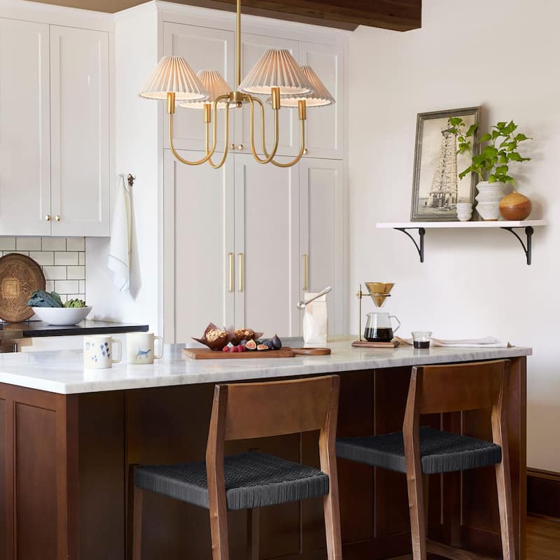 4-Light Mid-Century Modern Chandelier in Brushed Gold/Matte Black Chandelier with Pleated Shades for Living Room