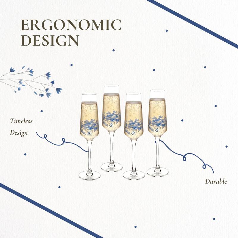 Spode Blue Set of 4 Italian Glassware Champagne Flutes - 8 oz