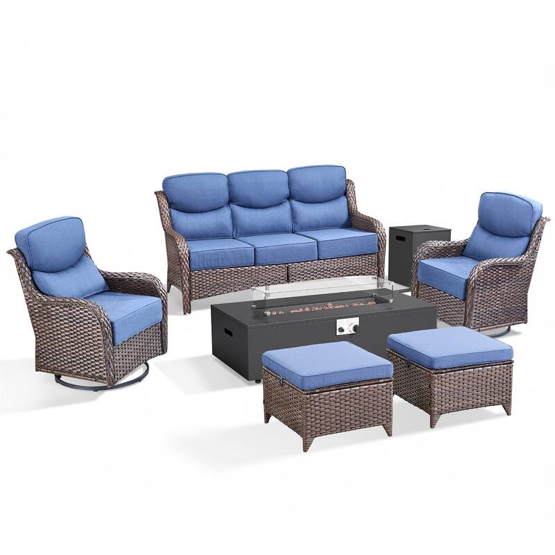 Pocassy 43" Fire Pit w/ Outdoor Sofa Swivel Chair Ottoman Set