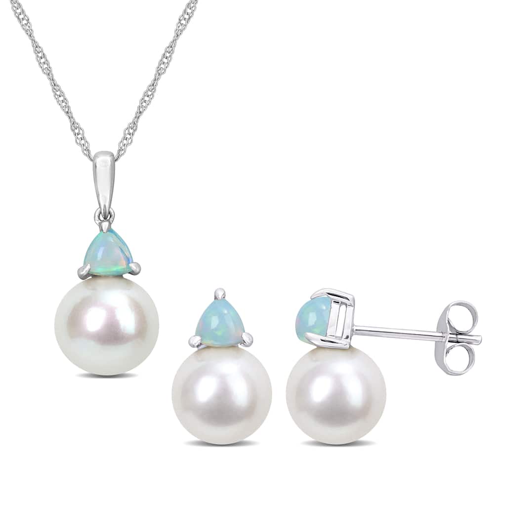 Miadora 8-8.5mm Cultured Freshwater Pearl 1 1/7ct TGW Ethiopian Opal Jewelry Set 10k White Gold