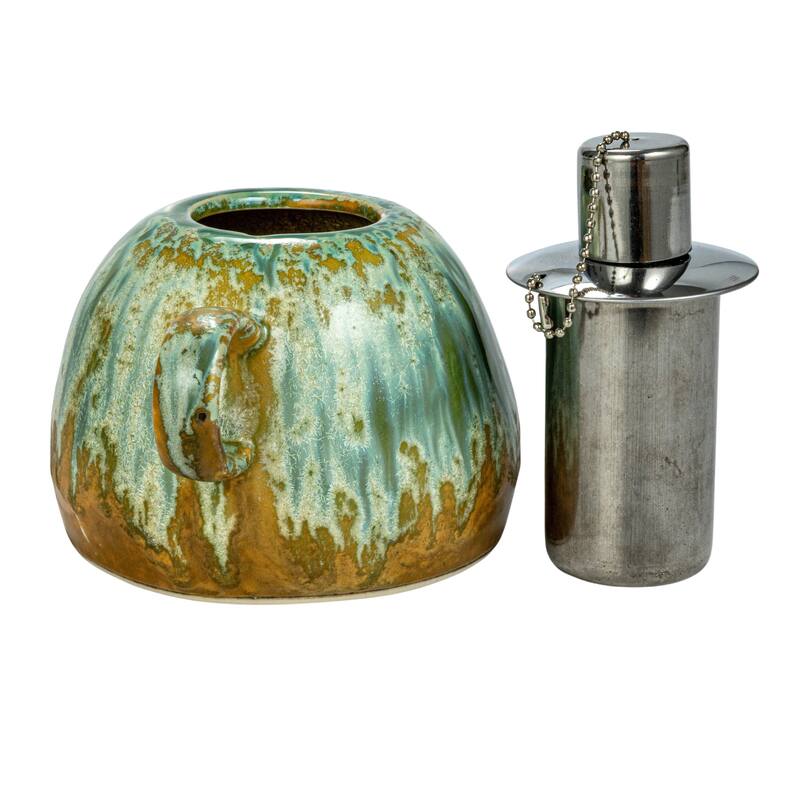 Stoneware Oil Lamp with Handle and Reactive Glaze - 5.5"L x 4.5"W x 4.4"H