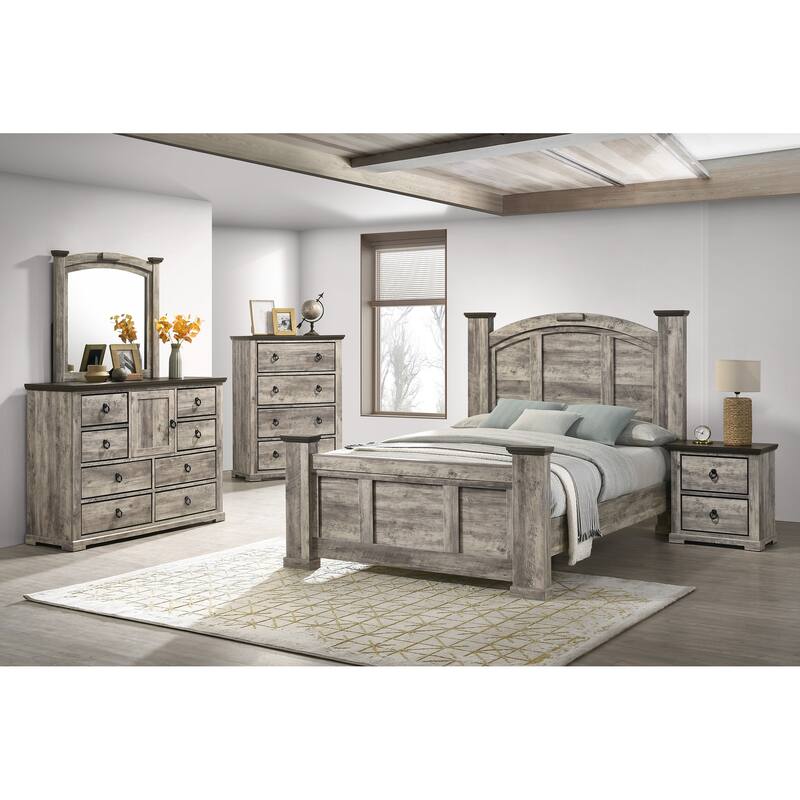 Rustic Gray Two-Tone 2-Drawer Nightstand with Metal Knobs, Contemporary Bedroom Furniture