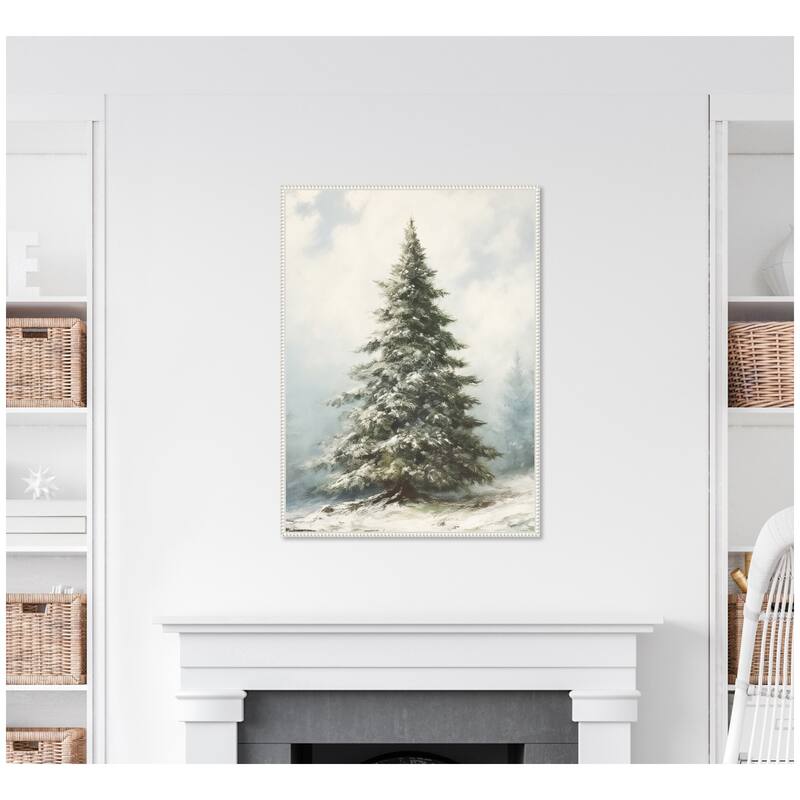 Kate and Laurel Sylvie Beaded Snow Covered Evergreen Fir Tree Framed Canvas by The Creative Bunch Studio