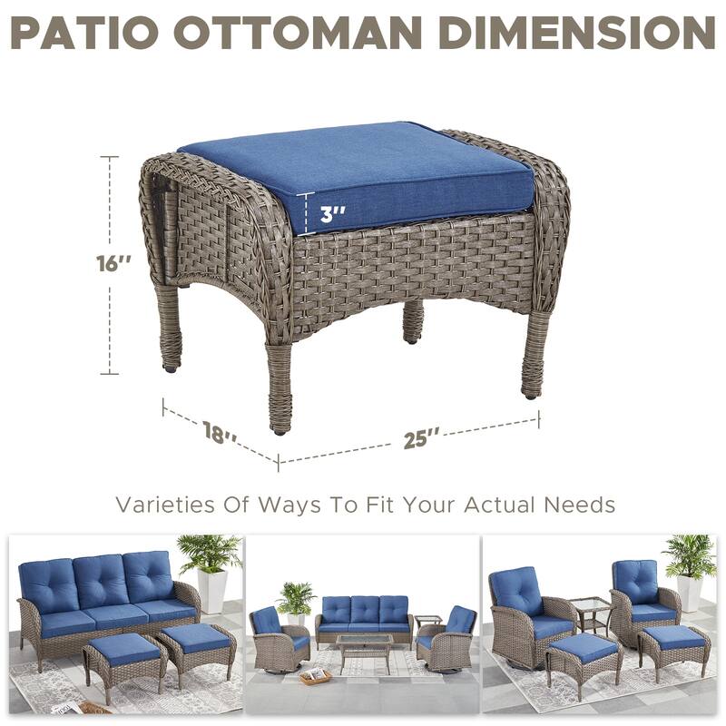 Outside Patio Wicker Ottomans Set Grey - Blue