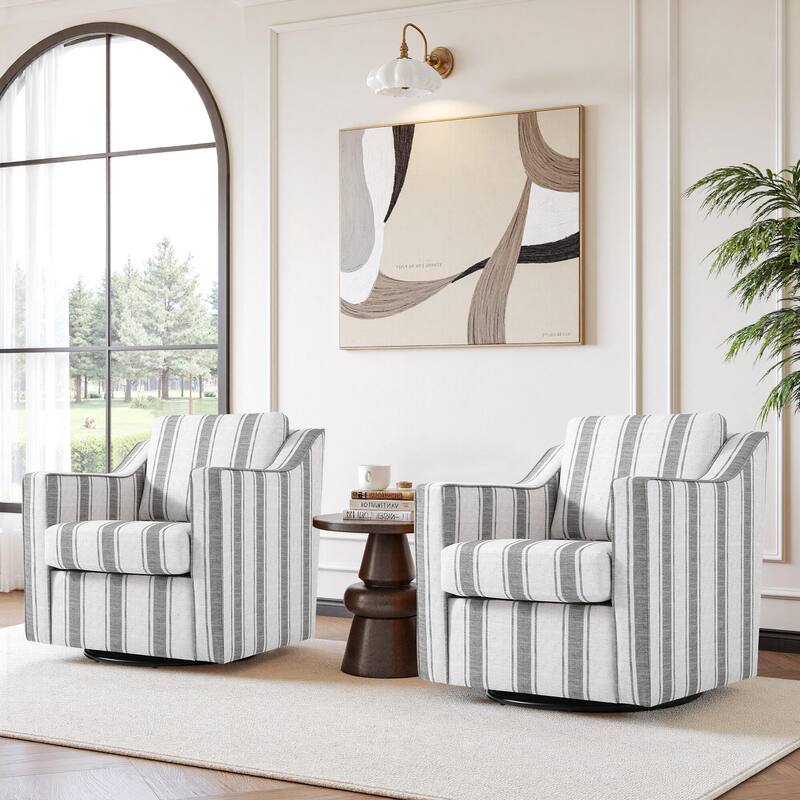 Chenille/Leather Swivel Barrel Chair(Set of 2) Modern Club Chair by UIXE - Fabric - Stripe Grey