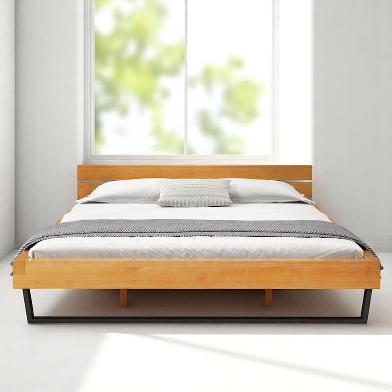 Queen/King Size Bed Frame with Headboard, Solid Pine Wood and Iron Platform Bed, Industrial Modern Design, No Box Spring Needed - King