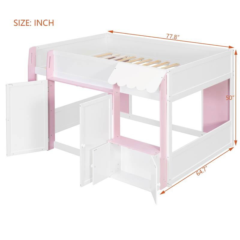 Full Loft House Bed with Playhouse & Storage, Modern Wood Cabin Bed for Kids