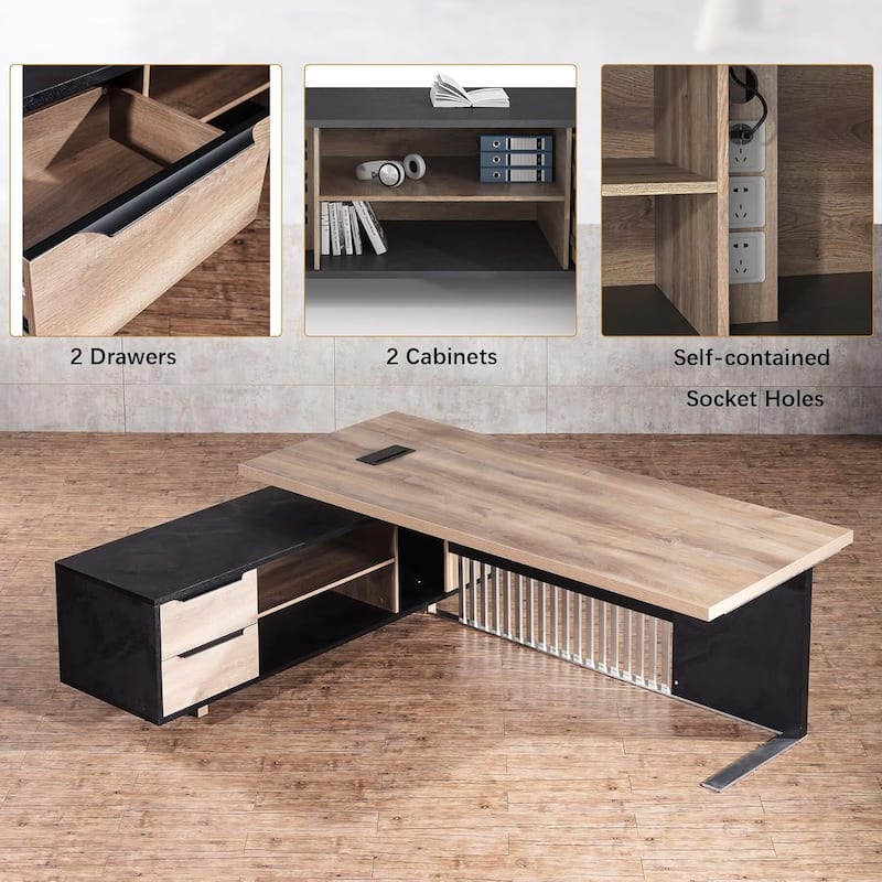 Large L-Shaped Executive Desk with Drawers Cabinet Cable Management - 78.74"-Left Return - Multi
