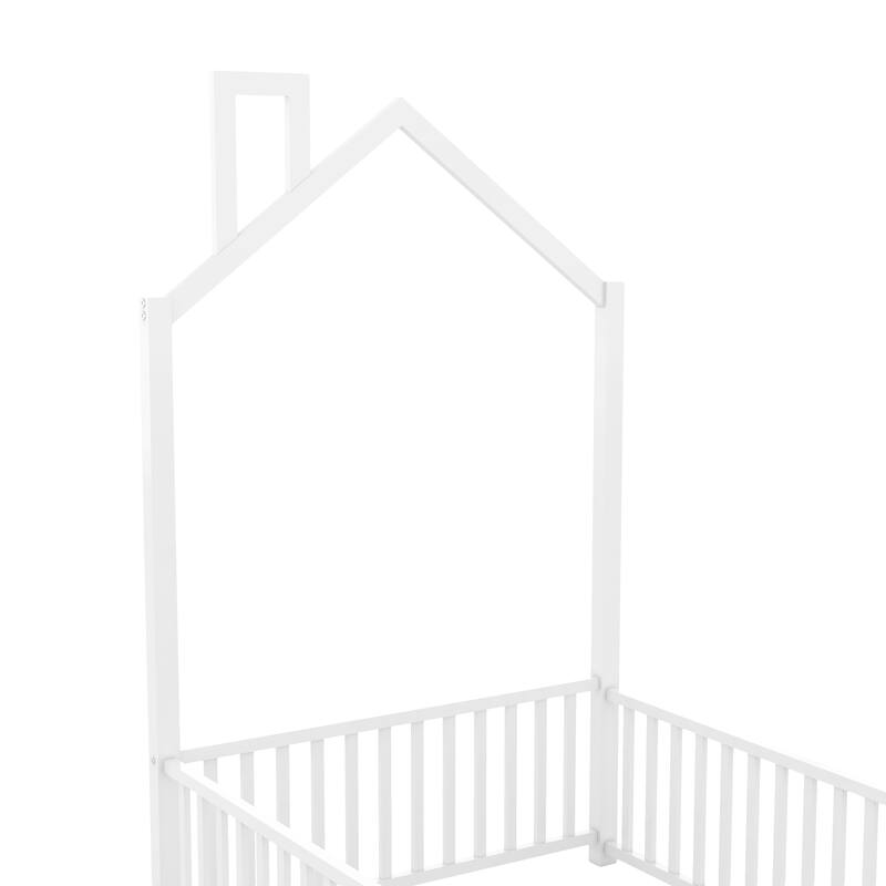 Twin Size Metal House Platform Bed with Guardrail and Chimney, White