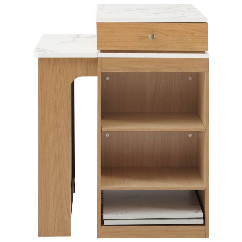 Kitchen Island with Extendable Dining Table, Kitchen Storage Table with 2 Drawers, Power Outlet, Open Shelves, for Diningroom