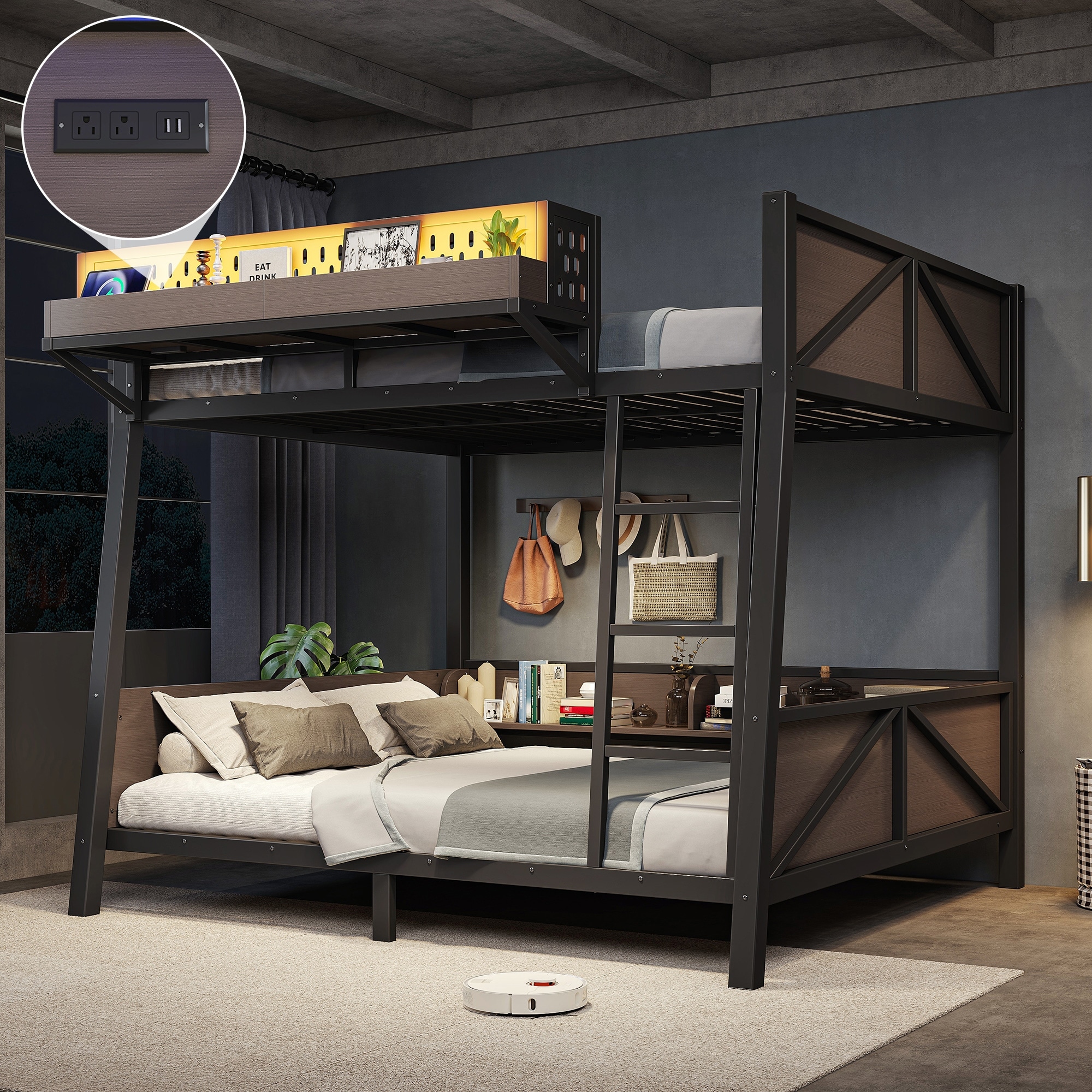 Full Bunk Bed With Storage Shelves,Twin Size Metal Bunk Bed Frame With Led Light And Usb Ports