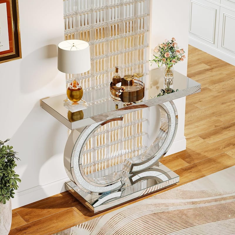 Silver Console Table, 39” Mirror Entryway Table for Entrance