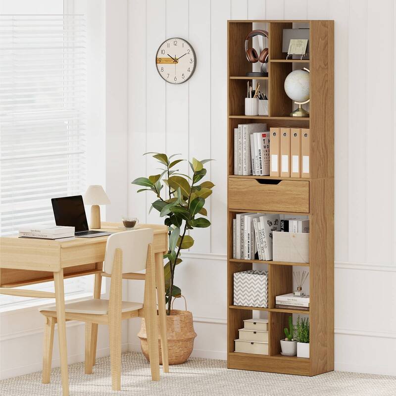 Costway 1/2 PCS 71” Bookcase with Drawer 10 Open Cubes Anti-toppling