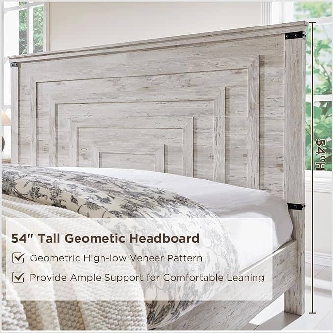 Farmhouse Queen Size Bed Frame w/ 54" Tall Headboard & 2 Large Drawers