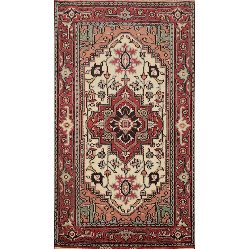 Hand Knotted Oriental 100% Wool Carpet Traditional Medallion Beige & Ivories Heriz (serapi) Area Rug - 6' 1'' X 3' 11''