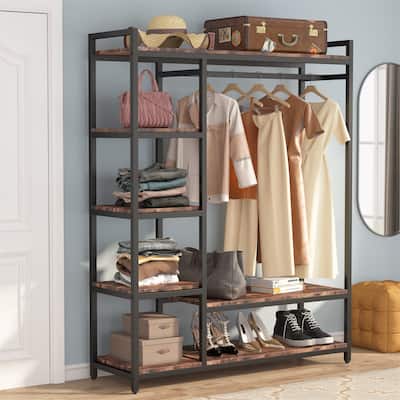 Black/ White Modern Clothes Garment Rack,Metal and Wood Closet Rack Closet Organizer System with Hanging Rod and Shelf