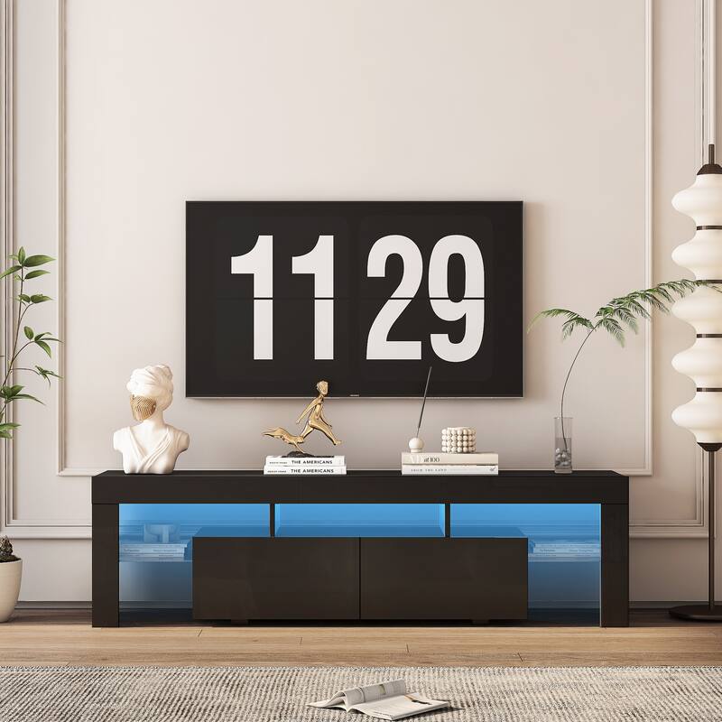 High Gloss TV Stand for TVs up to 65'', Entertainment Center w/ Glass Shelf Modern TV Console w/ Storage Drawers for Living Room - Black