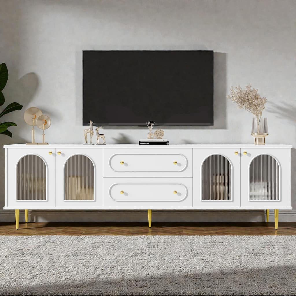 78.7" Modern TV Stand with Fluted Glass Doors, Metal Legs, 2 Drawers and 2 Cabinets, Media Console for TVs up to 80"