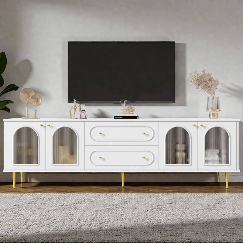 78.7" Modern TV Stand with Fluted Glass Doors, Metal Legs, 2 Drawers and 2 Cabinets, Media Console for TVs up to 80" - White