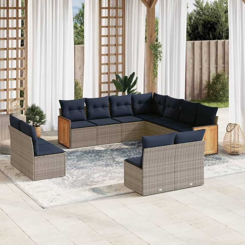 vidaXL 11/12 Piece Patio Sofa Set with Cushions Black/Gray Poly Rattan - 21.7 x 24.4 x 27.2 - Gray Without table