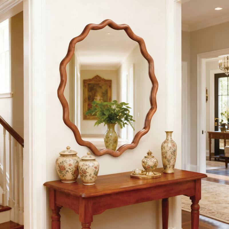 30 inch Wavy Round Solid Wood Frame Decorative Mirror,For Bedroom, Bathroom, Living Room, Entryway