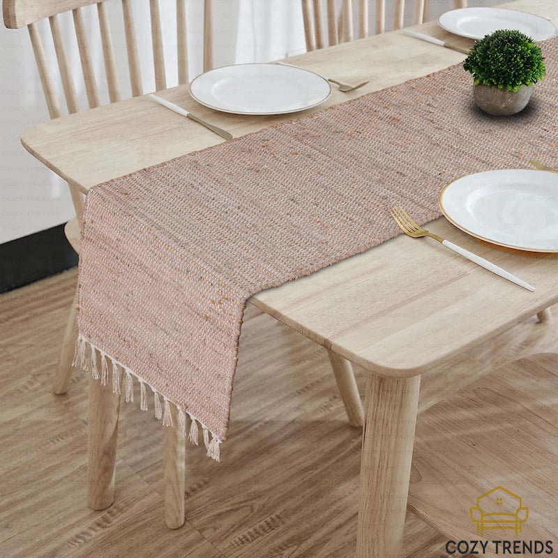 Handmade 100% Natural Cotton Chindi Tabletop Reversible & Washable, Table Runner | 15"x72" - 15''x72'' - Beige