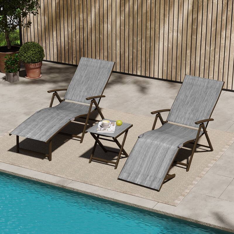 VredHom Outdoor Portable Folding Chaise Lounge Chair with Table (Set of 3) - 70" L x 20" W x 14" H