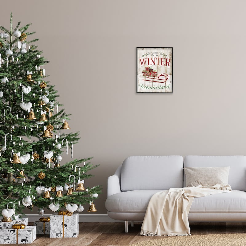 Stupell Winter Wonderland Red Sleigh Wood Texture Christmas Word Design Framed Wall Art, Proudly Made in USA