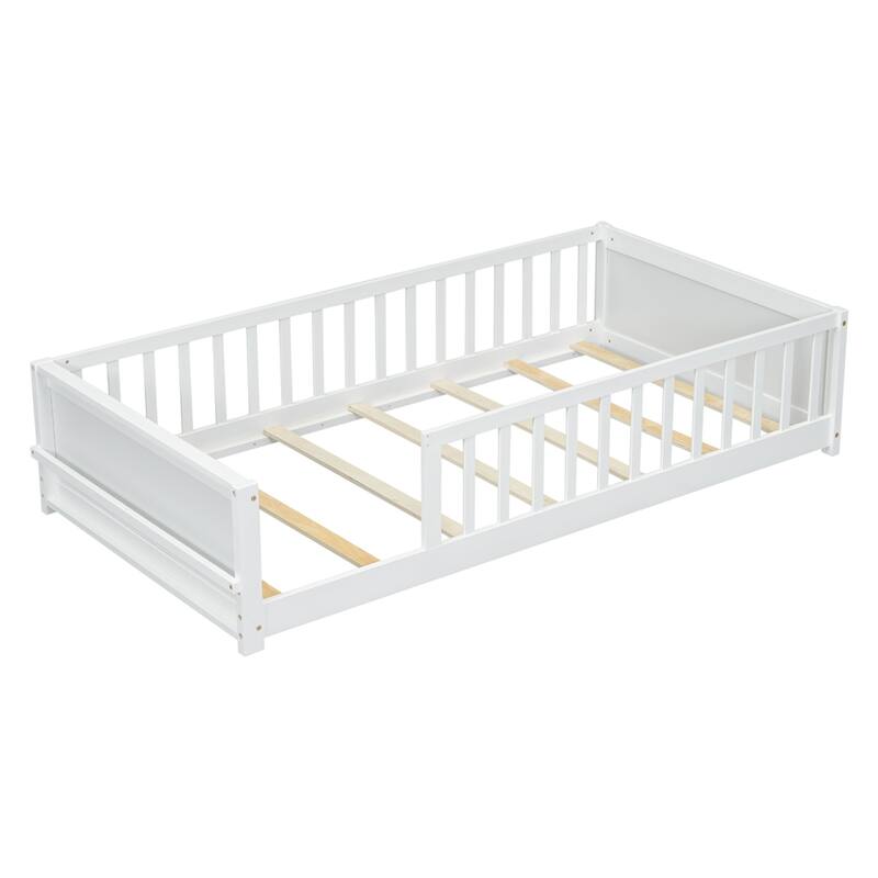 Twin Size Wood Floor Platform Bed with Built-in Book Storage Rack