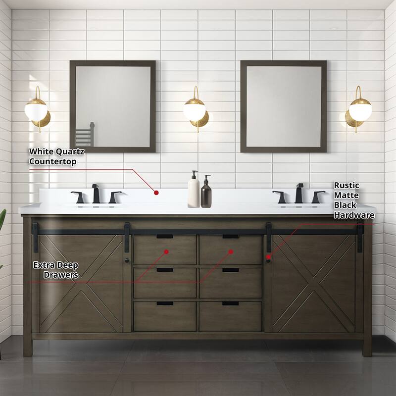 Marsyas 84 in W x 22 in D White Double Bath Vanity, Grey Quartz Countertop and 34 in Mirrors