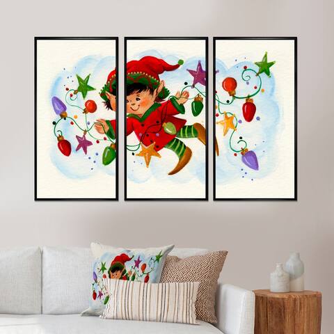 Designart 'Cute Elf With Christmas Lights' Traditional Framed Wall Decor Set of 3 - 4 Colors of Frames