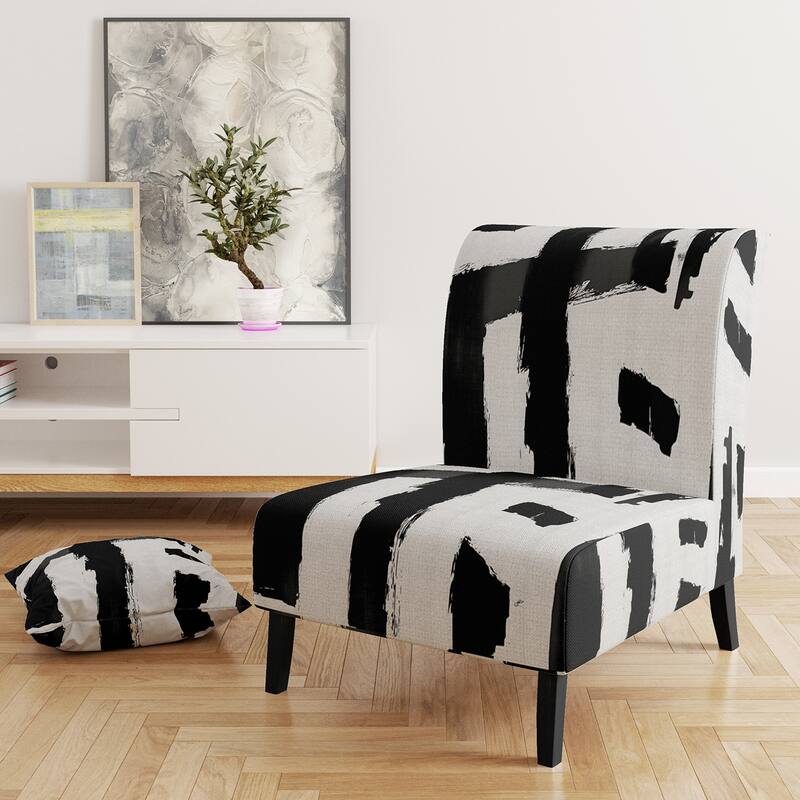 Designart "Black & White Crossing Paths II" Upholstered Abstract Accent Chair - Modern Arm Chair For Living Room - Slipper Chair - White & Black